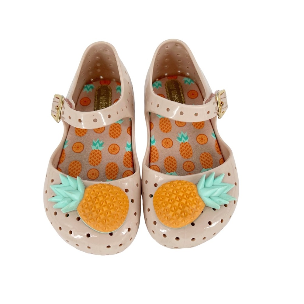 Mini Melissa Girls Beige Jelly Mary Janes with Orange Pineapple Accents